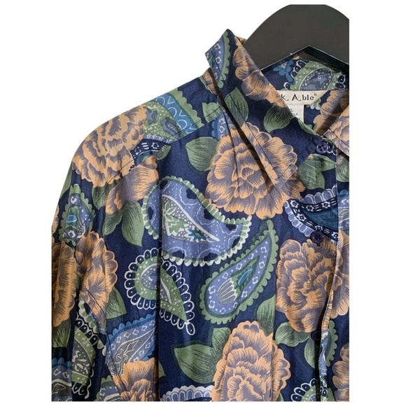 Vintage Silk Abel Women's Blouse Size XL button Up Blue Paisley Floral Top - Picture 3 of 5